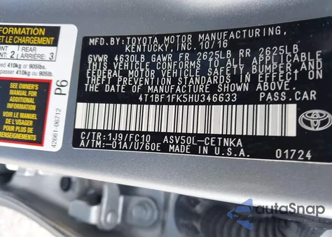 2017 Toyota Camry Le z USA, uszkodzony, nr VIN 4T1BF1FK5HU346633